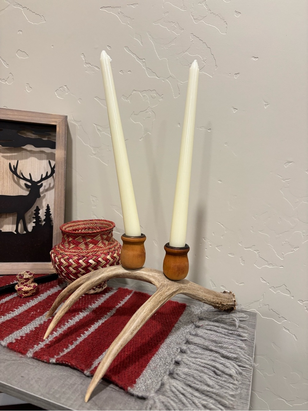 Rustic Antler Double Candle Holder with Cream Taper Candles
